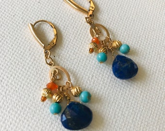 Gold-filled leverback earrings with lapis lazuli, turquoise and carnelian beads, Perth Western Australia