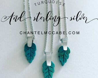 Turquoise gemstone leaf pendant and sterling silver necklace, Perth Western Australia