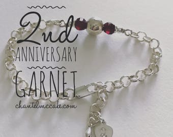 Ready-made garnet second anniversary adjustable length bracelet in sterling silver with stamped charm, Perth Western Australia