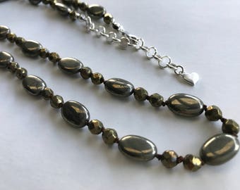 Pyrite gemstone and sterling silver necklace - oval beads - Perth, Western Australia