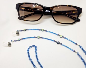 Starry Night Sky Sunglasses Chain Lightweight Metallic Blue Aluminum and Glass Beaded, Reading Glasses Strap Holder, Eyeglass Specs 26 inch