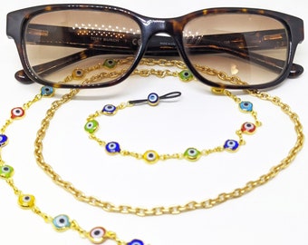 Collana con portachiavi a forma di catena per occhiali da sole con occhio malvagio/cordino - Catena leggera color oro con occhio arcobaleno e cinturino per occhiali da lettura