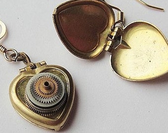 Orecchini medaglione - piccoli Steampunk cuore a forma di medaglioni - Aggiungi le tue foto all'interno