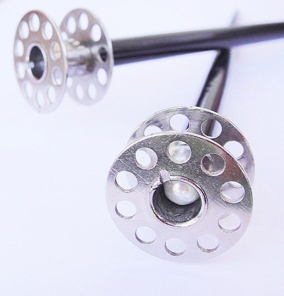 Sewing Bobbin and Pearl Hair Sticks - eco-friendly repurposed parts and black vintage japanese cedar wood chopsticks.