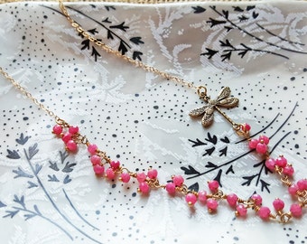 14K Gold Ruby Necklace - Antiqued dragonflies 14K Vintage Red Ruby necklace