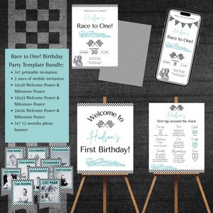 Race to One Birthday Party Bundle | 1st Birthday Party | Racing Theme | Formula 1 Theme |  Decoration Bundle | Customizable Digital Template