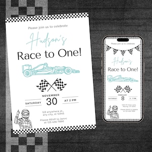 Race to One Birthday Invite | 1st Birthday Party | Racing Theme | Formula 1 Theme |  Invitation |  Customizable Digital Template