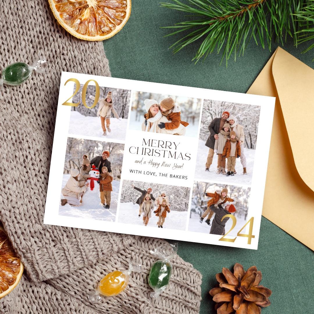 Photo Collage Christmas Card Gold 2024 Digital Template Canva Template ...