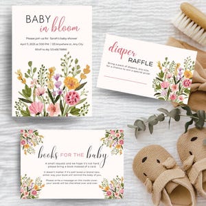Babyshowerbundel | Baby in bloei | Wilde bloemen | Uitnodiging | Luierloterij | Boeken voor babykaart|  Aanpasbare digitale sjabloon