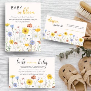 Babyshowerbundel | Baby in bloei | Wilde bloemen | Uitnodiging | Luierloterij | Boeken voor babykaart|  Aanpasbare digitale sjabloon