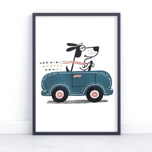 Coole hond rijdende auto kindermuurkunst dierenprint hond poster genderneutraal decor kinderkamer