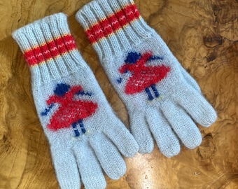 Vintage Child’s Hand Knit Wool Gloves, Blue Girl in Red Frock