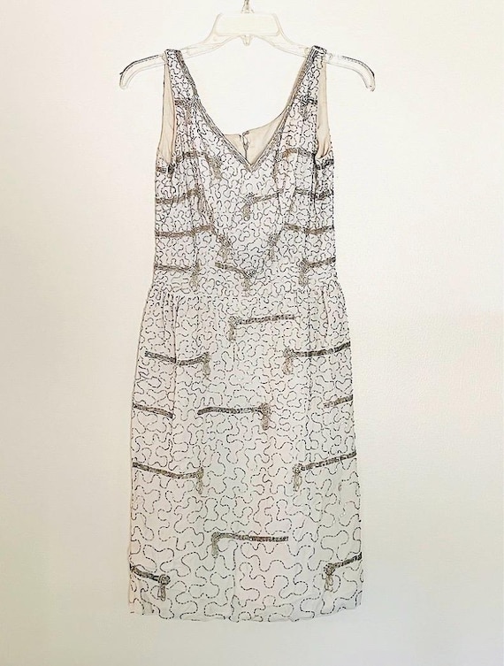 cameo cocktail dress Vintage 60s Mod Silk Cocktail Dress Cameo Evening Fashions Beaded Sheer Sleeve