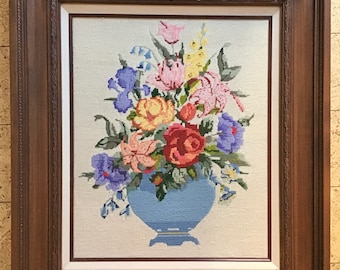 Vintage Framed Floral Needlepoint