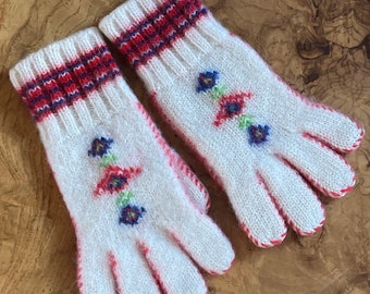 Vintage Child’s Hand Knit Wool Gloves, Floral Design