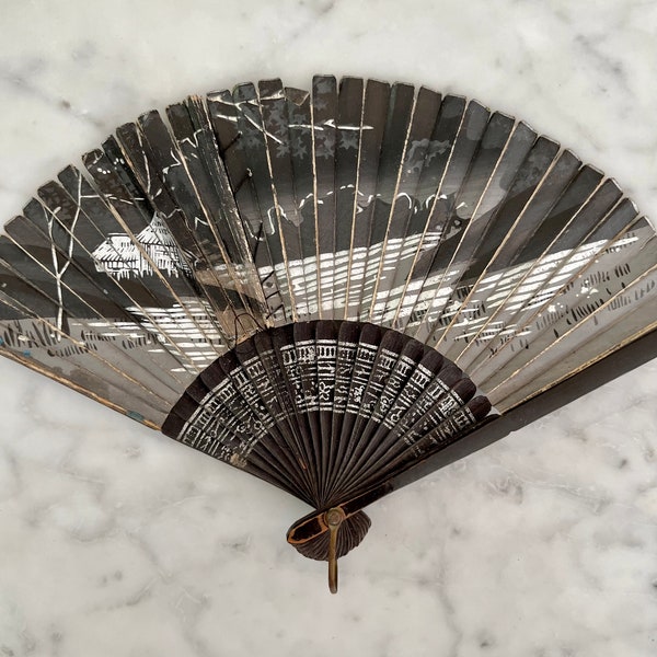 Vintage Asian Folding Paper Fan with Landscape