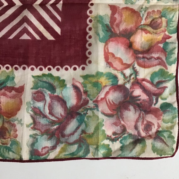 Vintage Linen Handkerchief with Deep Red Roses - image 4