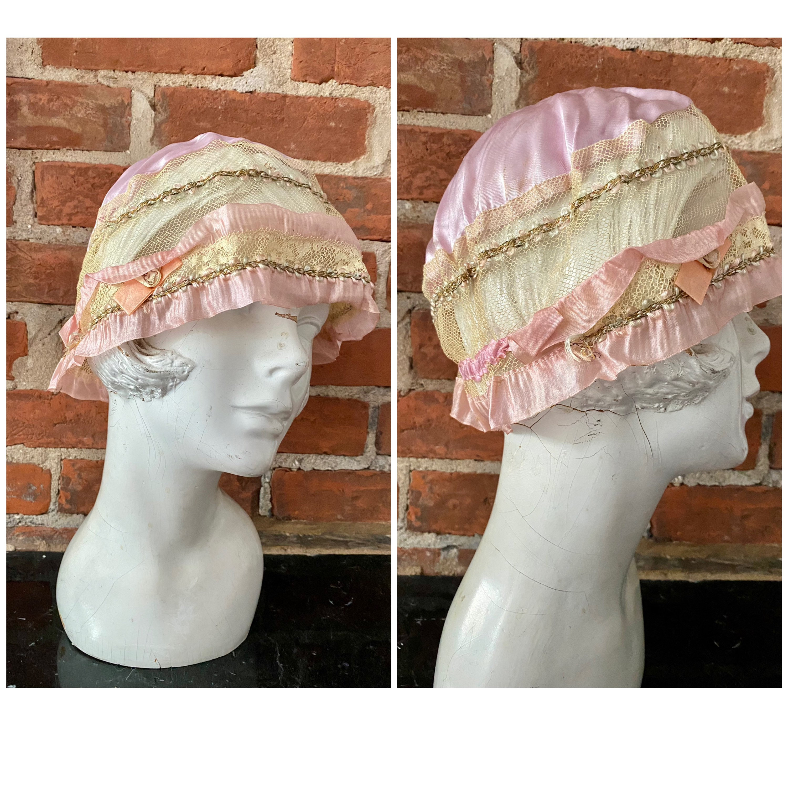 Antique 1910 1920s Victorian French Night Cap Bonnet Silk