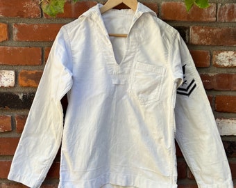 Jaren '40 Amerikaanse Marine Witte Katoenen Canvas Sailor Pullover Top