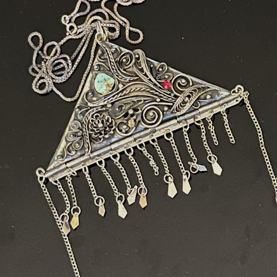 Mideastern Bohemian Silvertone Triangular Pendant… - image 1