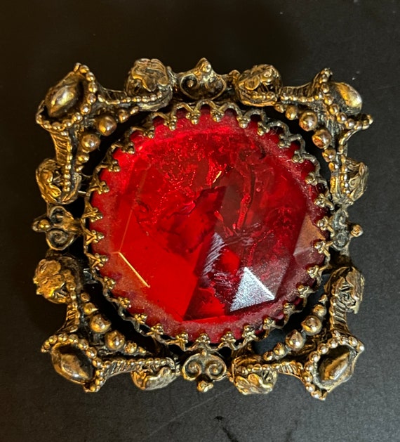 Mr We Faceted Red Resin Brooch