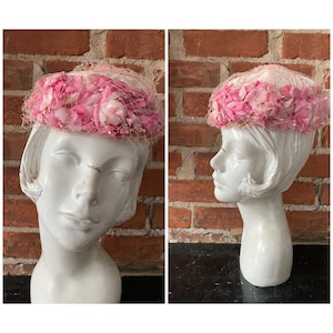 1950s Pink Pillbox Hat with Pink Flowers image 1