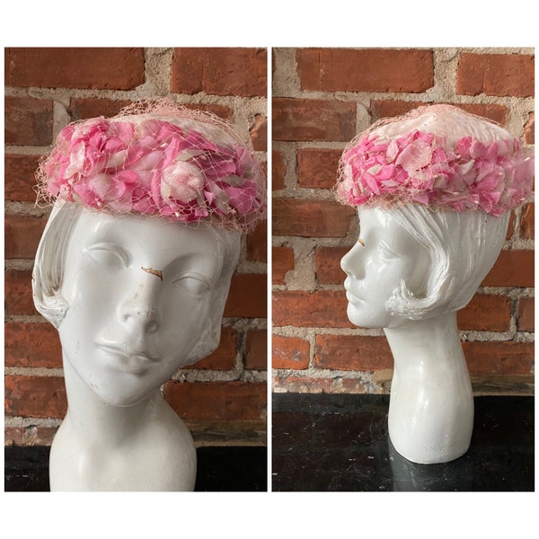 1950s Pink Pillbox Hat with Pink Flowers