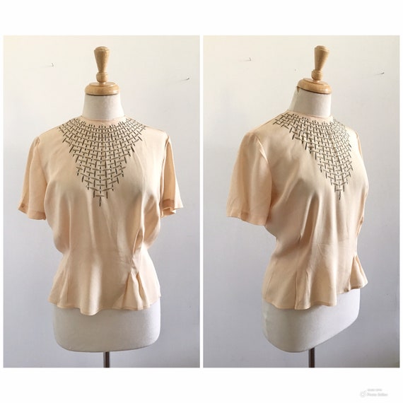 1950s Rayon Blouse with Rhinestone Decoration