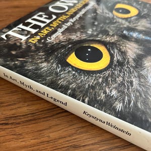 Puede incluir: Un libro titulado "THE OWL" con una imagen de primer plano de la cara de un búho en la portada. La portada presenta el texto "IN ART, MYTH, AND LEGEND" y el nombre del autor, Krystyna Weinstein. Los ojos del búho son amarillos.