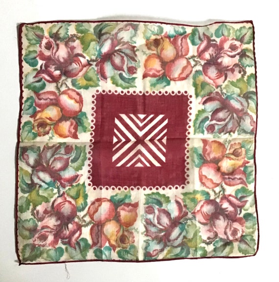 Vintage Linen Handkerchief with Deep Red Roses - image 1