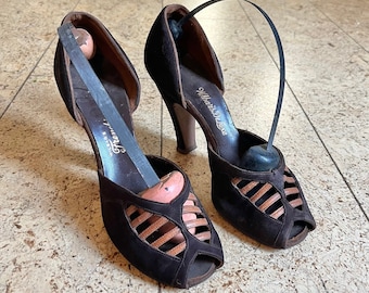 1940s Wilbar's Frenchies Brown Suede Peep Toes Heels/Rockabilly Style/WWII Era