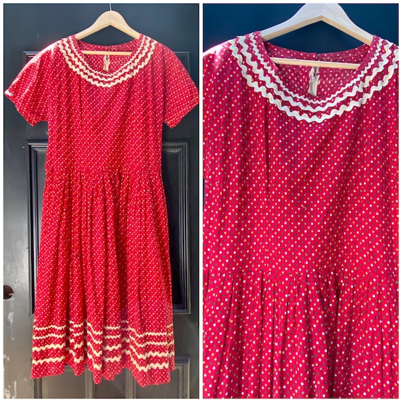 1960s 1970s Red Cotton Print Dress - image 1
