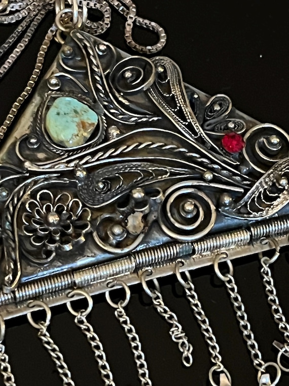 Mideastern Bohemian Silvertone Triangular Pendant… - image 2