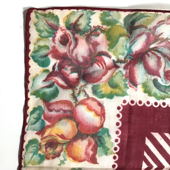 Vintage Linen Handkerchief with Deep Red Roses - image 3