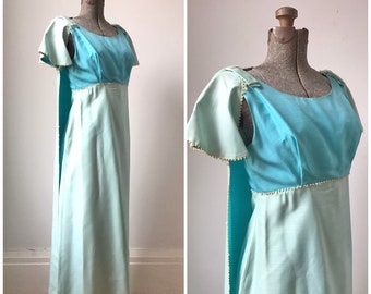 1960s Two Tone Raw Silk Maxi Dress with Capelet Train