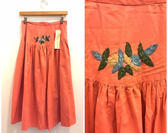1970s Santa Cruz Imports Cotton Gathered Skirt with Quilted Appliqués