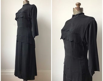 1940s Black Crepe Scalloped Bodice and Layered Peplum Dress with Carnival Glass Beading
