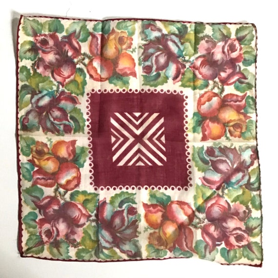 Vintage Linen Handkerchief with Deep Red Roses - image 2