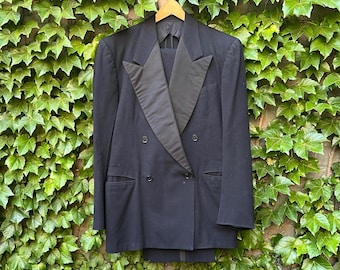 1940s Double Breasted Dark Navy Tuxedo Jacket 38R and Pleated Pants 31W x 37L
