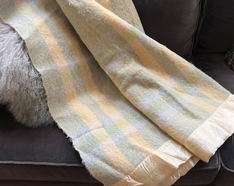 Vintage “Fleecydown” Wool Blanket in Green and Yellow