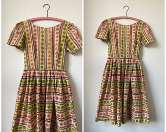 1960s Cotton Gylph Print Dress