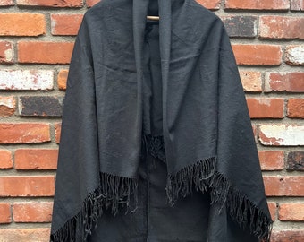 Antique 19th Century Handwoven Black Wool Shawl/Throw with Fringe