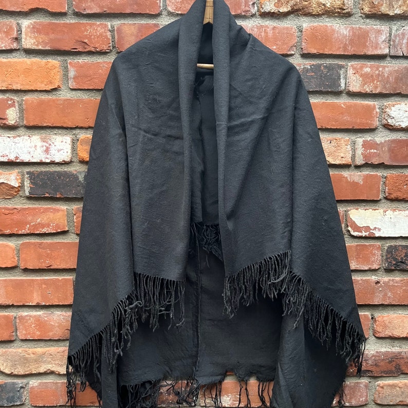 Antique 19th Century Handwoven Black Wool Shawl/Throw with Fringe image 1