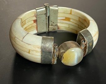 East Indian Bone Bangle/Cuff with Onyx Clasp