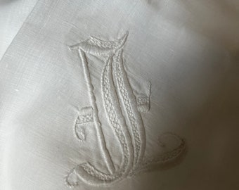 Vintage Linen TableclothTopper with F Monogram