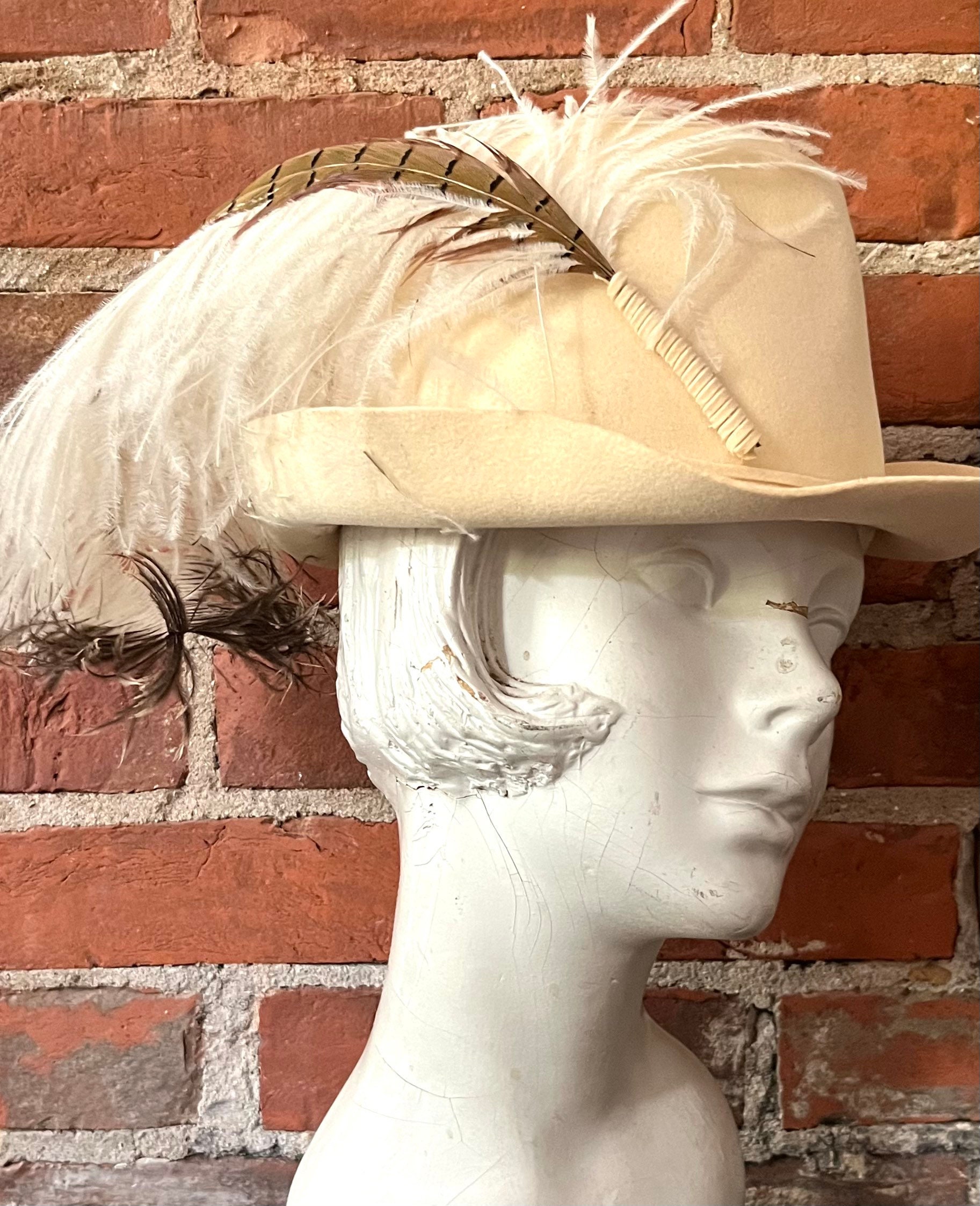 Mr John Vintage Hat Winter 100% Wool Felt Feathers Vintage Mr. John Cream Felt Brimmed Hat With Feathers - Etsy main image 4