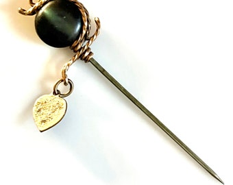 Vintage Genuine Black Pearl Stickpin with Heart Charm