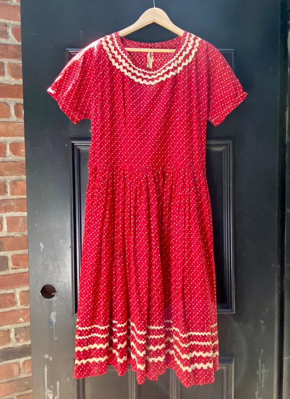 1960s 1970s Red Cotton Print Dress - image 2