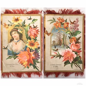 Cartão cromolitográfico vitoriano H&S com franjas de seda de Natal/Ano Novo