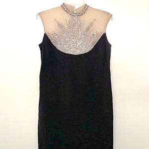 1950s 1960s Silk Sheath Dress with Beaded Illusion Top